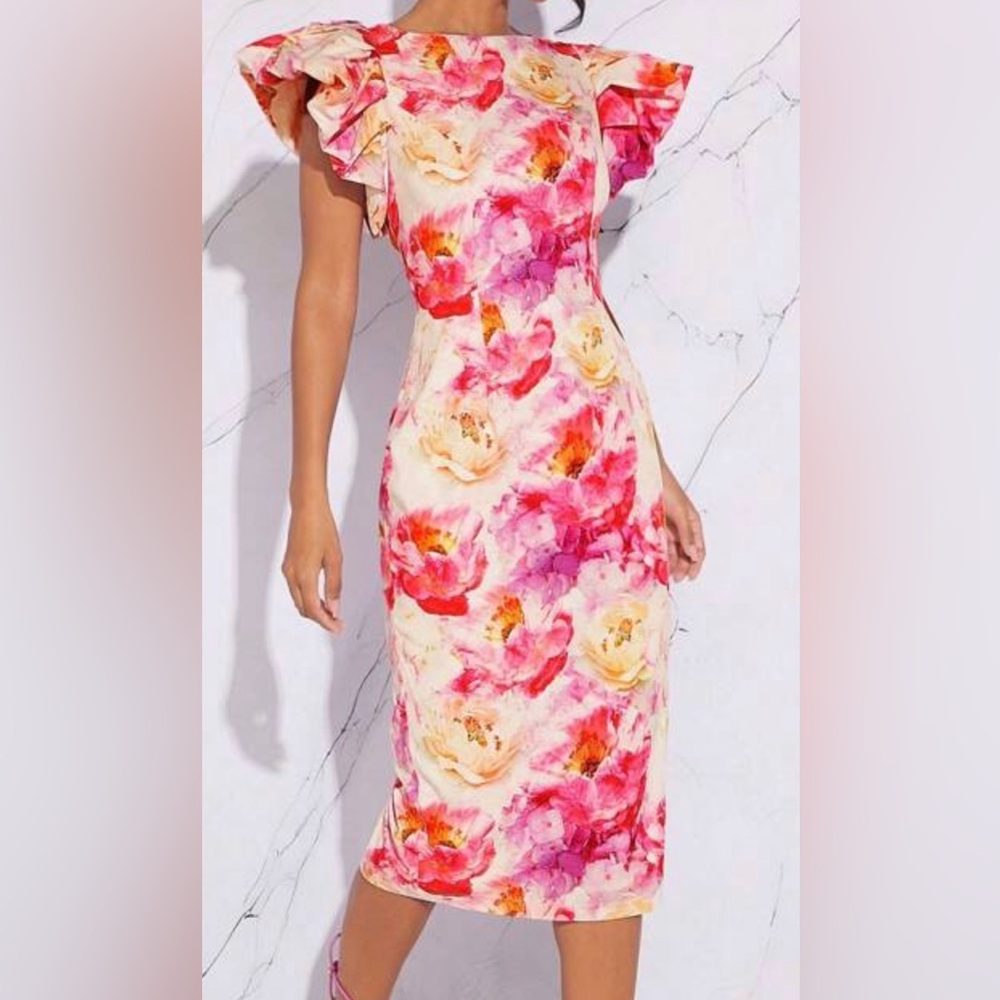 L'Amorae Elegant Floral Ruffle Sleeve‎ Bodycon Dress by SHEIN. Size XS NWT